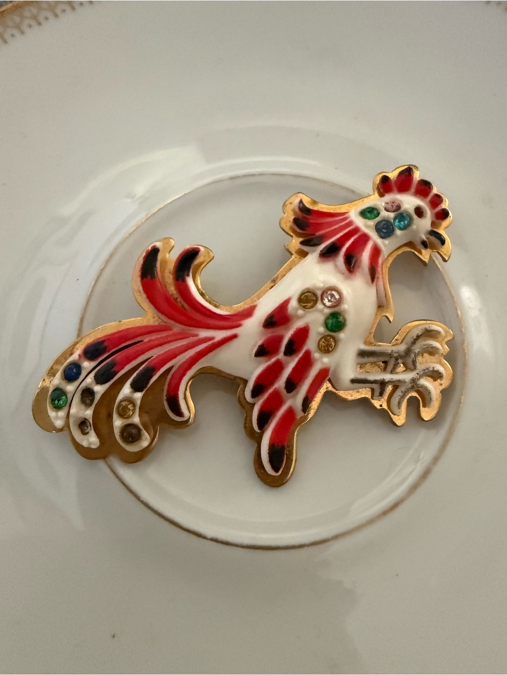 Gold-Tone Red & White Enamel Rooster Pin Brooch